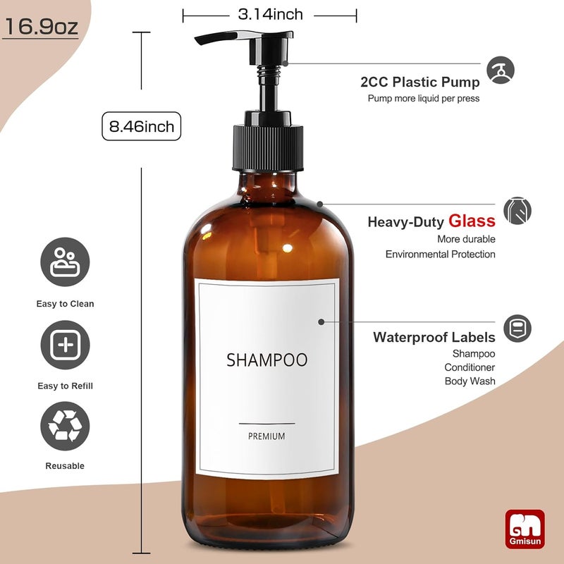 Gmisun Glass Shampoo and Conditioner Dispenser, Shower Soap Dispenser Bottles with Labels, Refillable Shampoo Conditioner Body Wash Dispensers, Amber Glass Soap Pump Dispenser Set for Bathroom Shower - Image 3